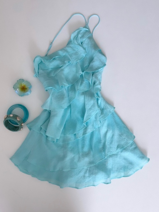 Selfie Leslie Dresses & Skirts - Selfie Leslie Aqua Ruffled Spaghetti-Strap Mini Dress